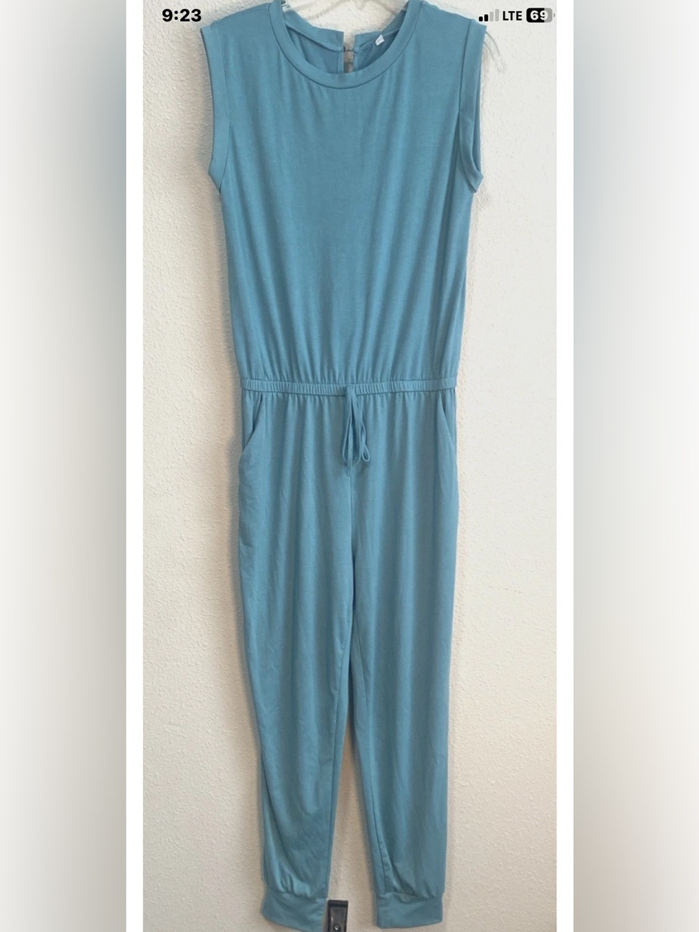 Women's Sleeveless Jumpsuit Size medium top button back faux drawstring elastic